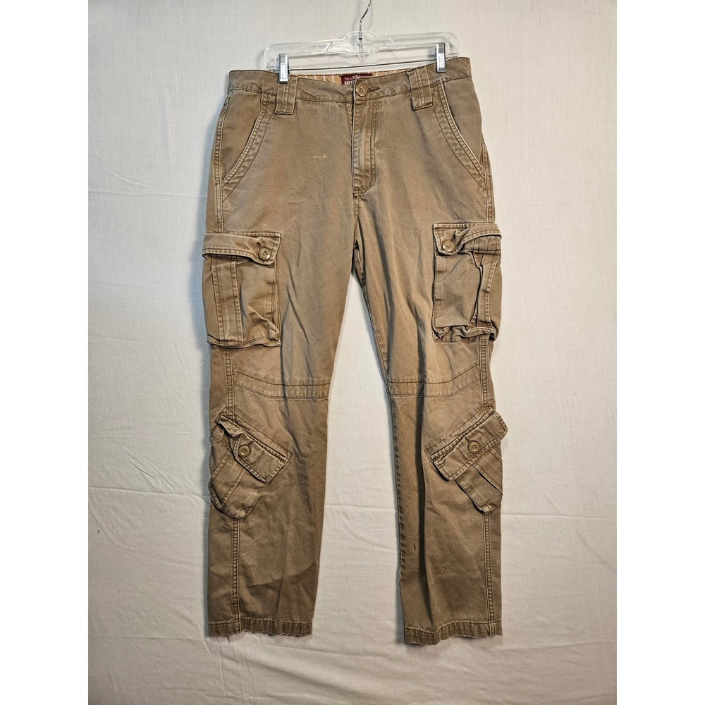 Matchstick Mens Khaki Brown Cotton Cargo Pants Multi Pocket Workwear 33x28.5